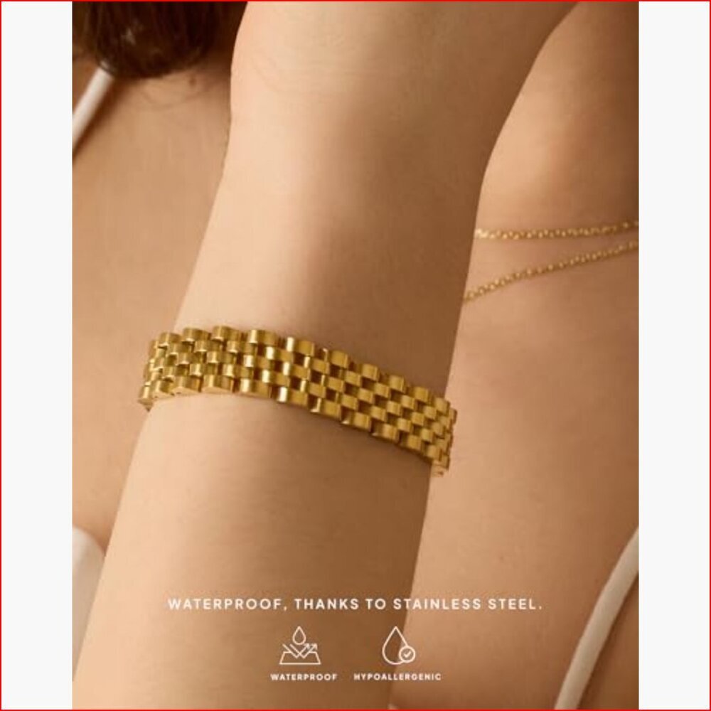 14K Gold Plated Waterproof Watch Strap Chain Bracelet Chunky Link - Picture 2 of 6